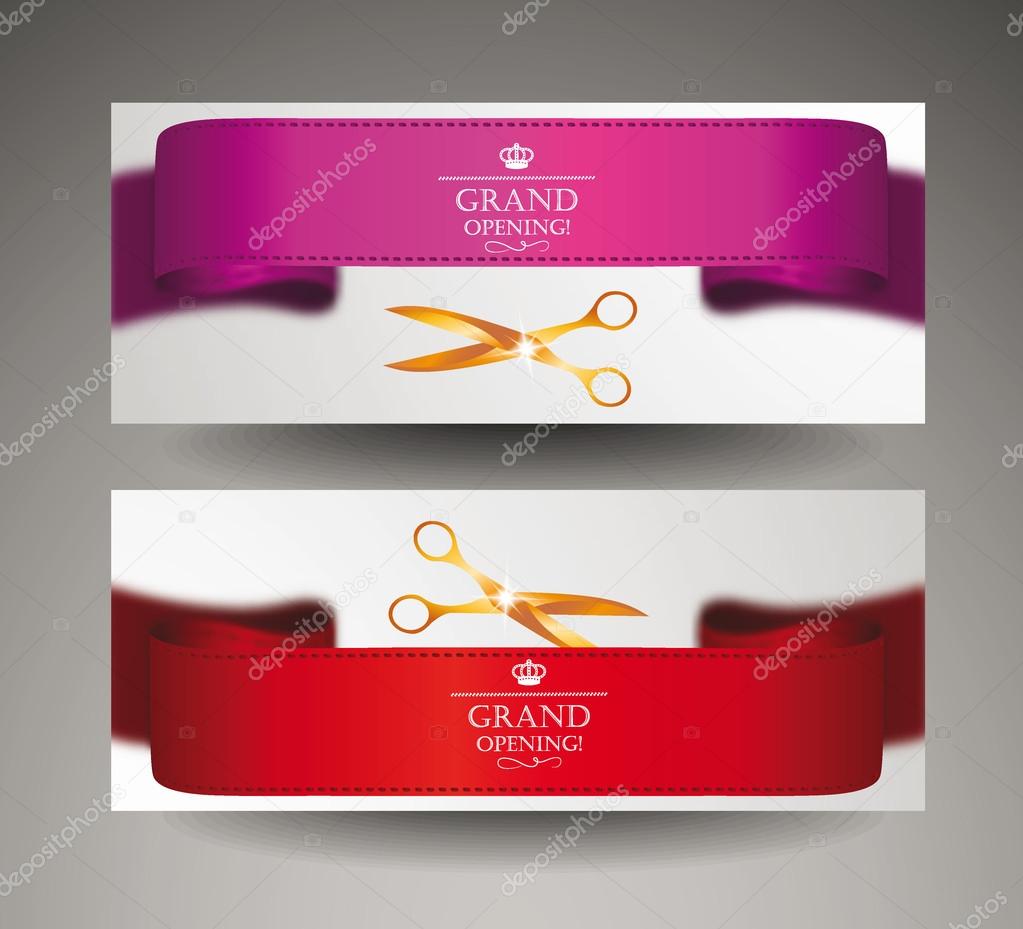 Grand opening invitation cards with silk ribbon and gold scissors