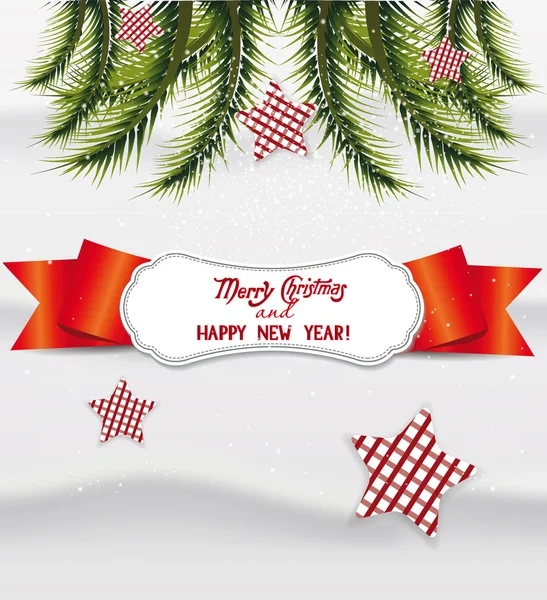 전나무-트리 분기 빨간 리본 및 눈 크리스마스 인사말 카드 — 스톡 벡터