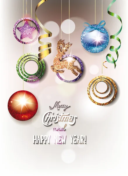 New year greeting card with shiny balls for christmas tree — Stock Vector