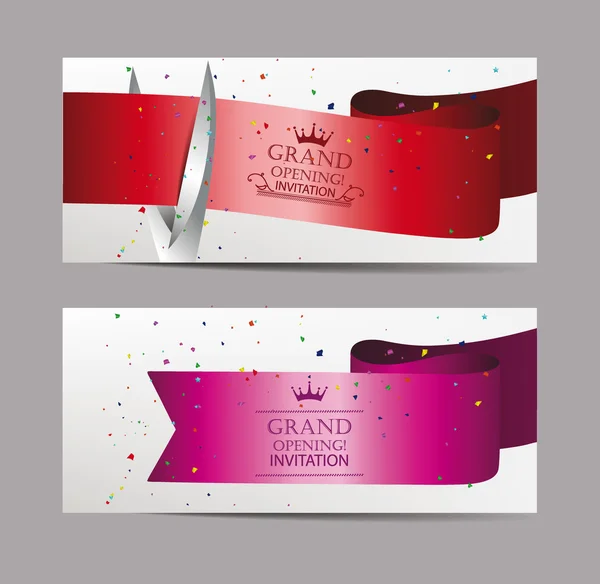 Satin ribbons,confetti, scissors. Grand opening cards — Stock Vector