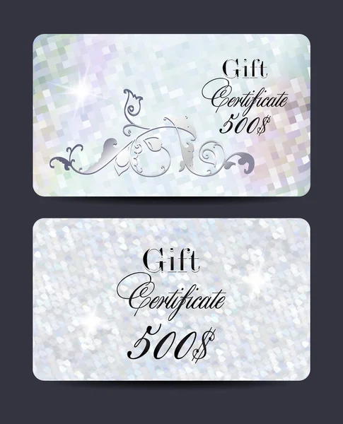 Набор жемчужных подарочных сертификатов с элементами цветочного дизайна и текстурированным фоном — стоковый вектор