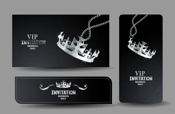 Black VIP cards with shiny textured silver crown — Stock Vector