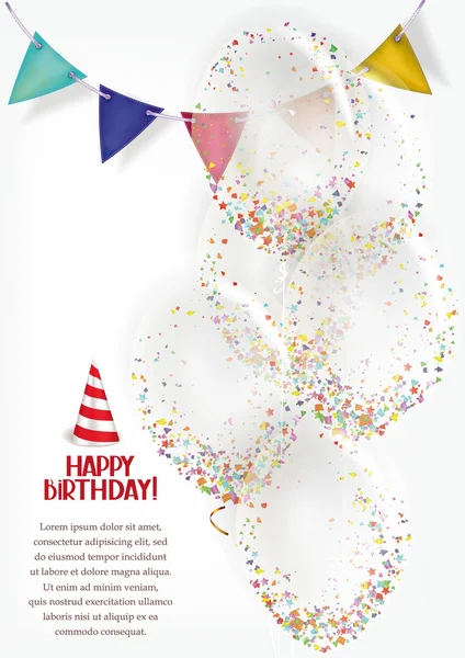 Банер на день народження з прозорими повітряними кулями та гірляндою — стоковий вектор