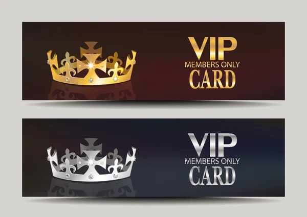 Tarjetas VIP de oro y plata con grandes coronas — Archivo Imágenes Vectoriales