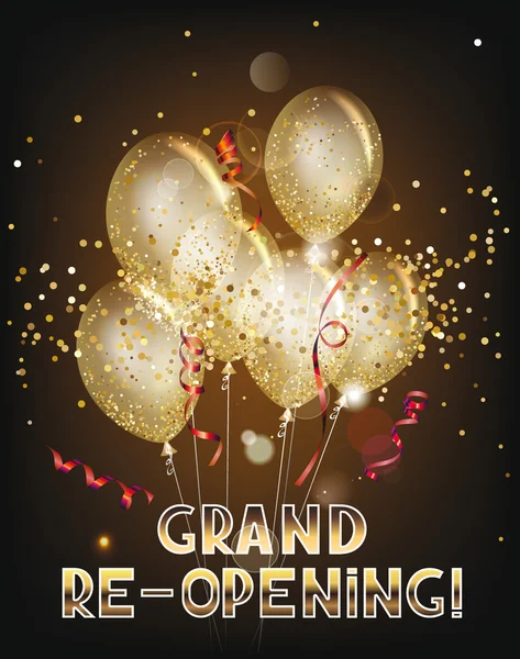 Grand re-opening banner with transparent balloons, ticker tapes and gold confetti — Stock Vector