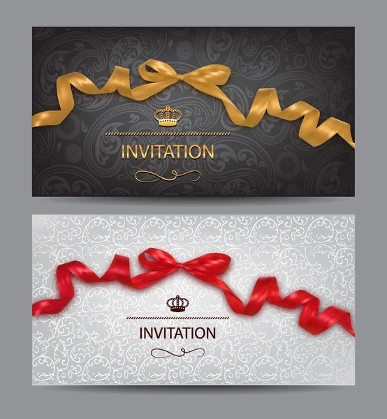 Jeu de cartes d'invitation avec rubans de soie et fond floral — Image vectorielle