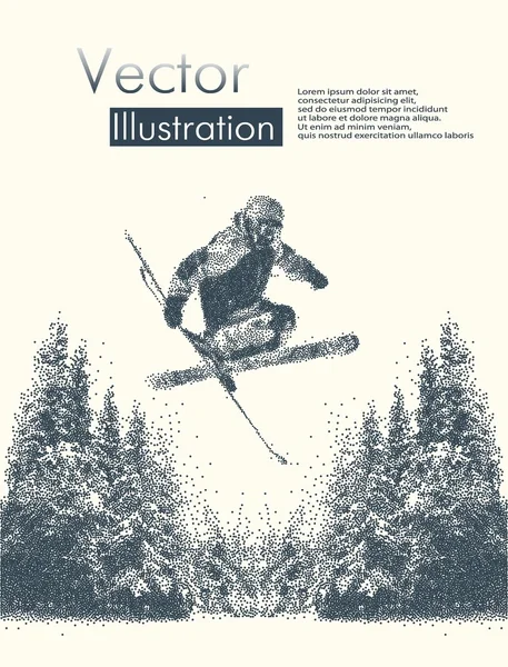Vinter vy med silhuetter av man med skidor i ett hopp — Stock vektor