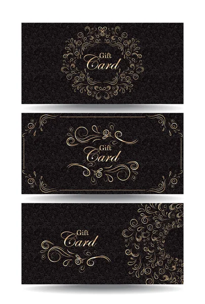 Ensemble de cartes-cadeaux avec des éléments floraux d'or et un motif sans couture — Image vectorielle