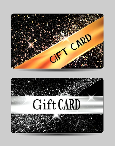 Tarjetas de regalo de oro y plata con cintas de seda y fondo abstracto — Vector de stock