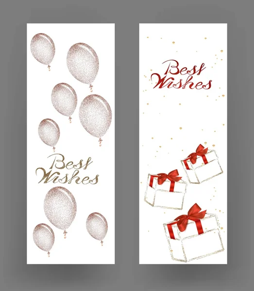 Cartes de voeux avec boîtes-cadeaux et ballons à air — Image vectorielle