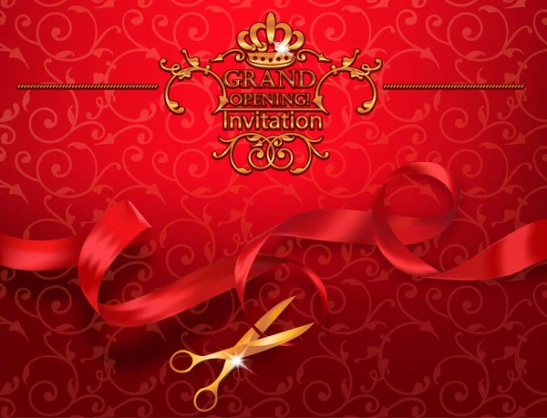 Red grand opening invitation card with scissors and red ribbon — Stock Vector