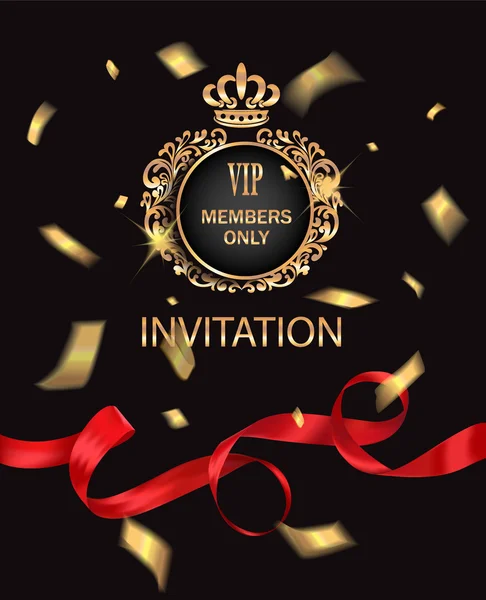 Carte d'invitation VIP avec ruban rouge et confettis dorés — Image vectorielle