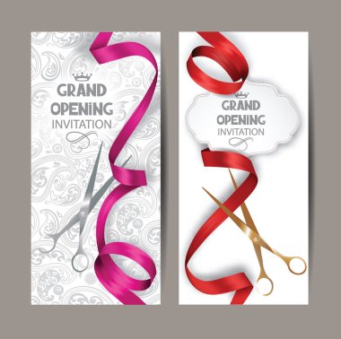 Beautiful grand opening invitation cards with red and pink silk ribbons and floral background clipart