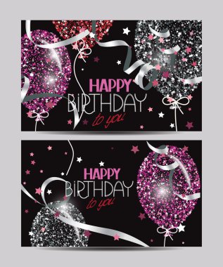 Vektör çizim renkli hava balonları yıldız, ticker bantlar ve mutlu doğum dilek