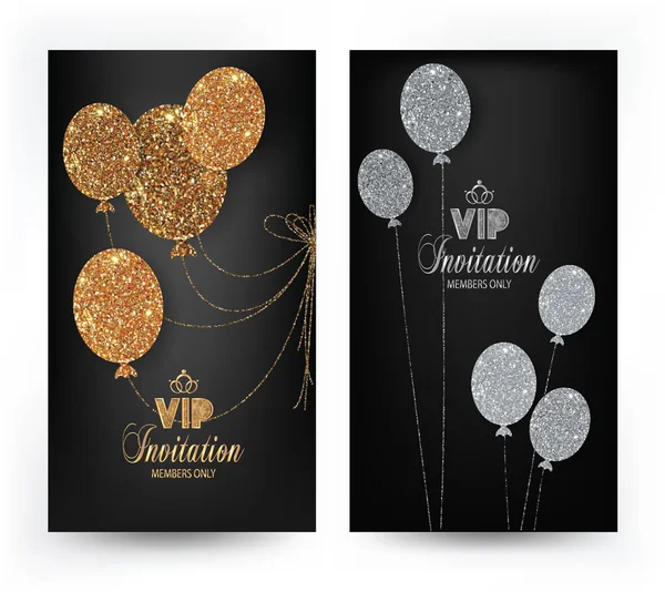 VIP invitation banners with gold air balloons, ribbon and scissors — Stock Vector
