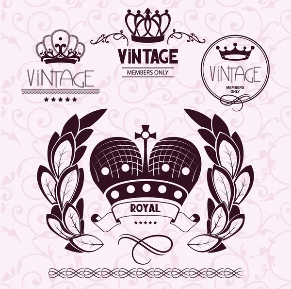 Set of vintage crowns with floral design elements on the seamless background — Stock Vector