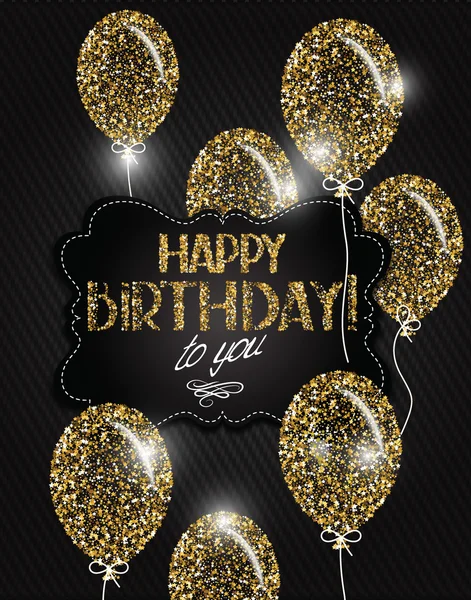 Vectorillustratie met abstracte gouden lucht ballonnen met sterretjes en zwarte Happy Birthday wensen op de achtergrond van textiel — Stockvector
