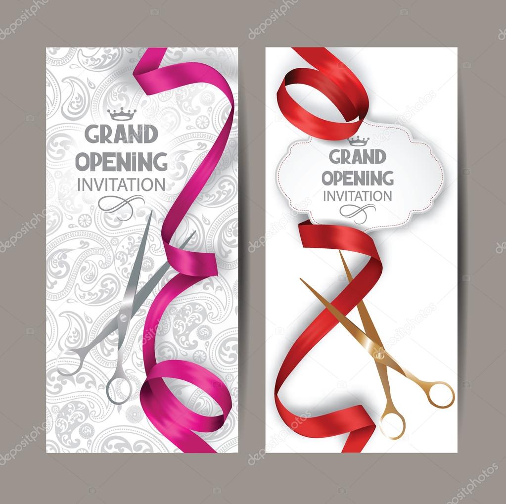 Beautiful grand opening invitation cards with red and pink silk ribbons and floral background