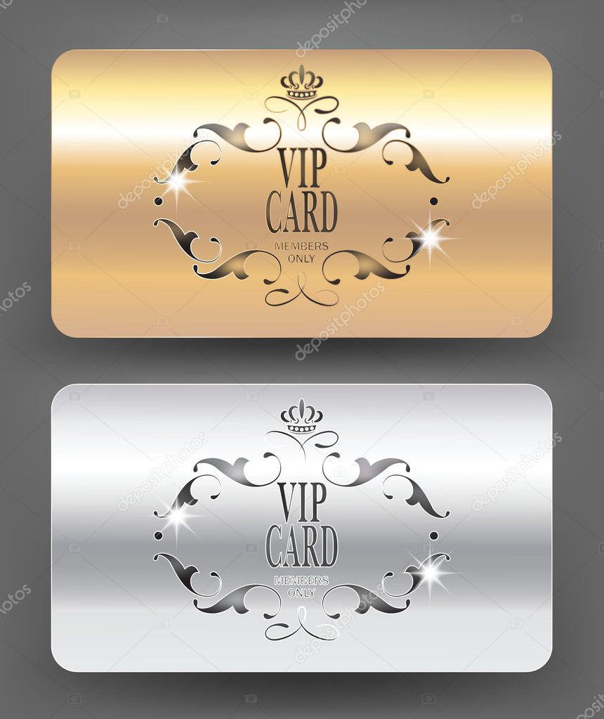 Gold and silver VIP cards with floral design elements