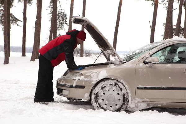 Auto Kapot Een Besneeuwde Winterweg Winter Autopech Rechtenvrije Stockafbeeldingen