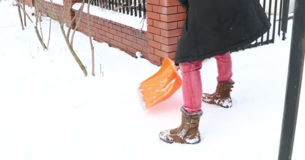 Vrouw Reinigt Sneeuwschop Vrouw Scheppend Winter Sneeuw — Stockvideo