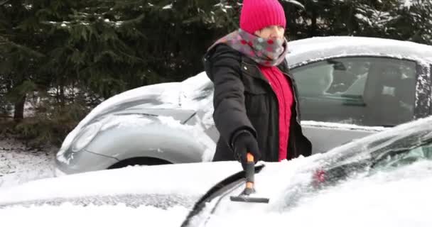 Žena Drhnutí Čelní Sklo Žena Odstranění Sněhu Auta Dáma Odstranění — Stock video