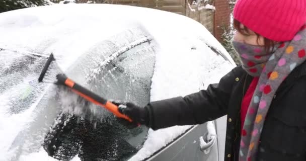 Vrouw Schrapende Voorruit Vrouw Die Sneeuw Uit Een Auto Verwijdert — Stockvideo