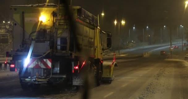 Driving Snow Plowing Truck Winter Night Driving Snowplow — Stock Video