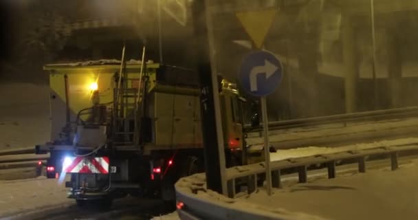 Driving Snow Plowing Truck Winter Night Driving Snowplow — Stock Video