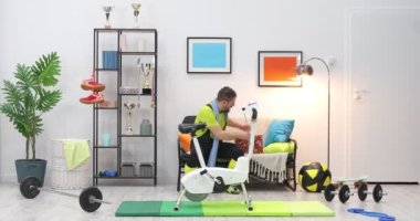 Paket teslimatı yapan bisikletli erkek kurye teslimatçı kurye, mizah dağıtım elemanı. Sporda mizah