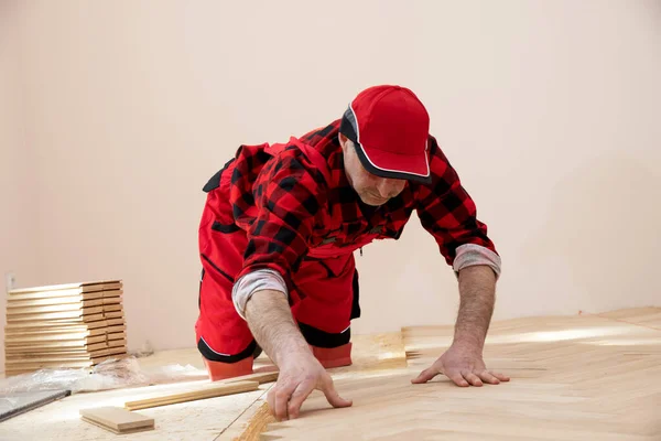 Arbeiter Verlegen Parkettboden Während Renovierung Des Hauses Bau Einem Renovierten — Stockfoto