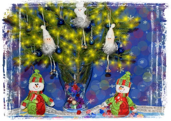 Muñeco Nieve Tarjeta Navidad Fondo Año Nuevo —  Fotos de Stock