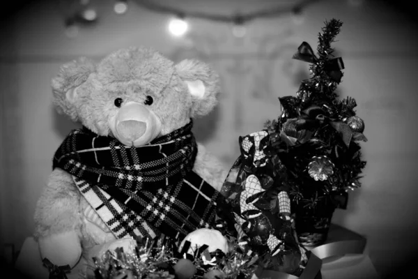 Puha Játék Medve Újévi Háttér Karácsonyi Háttér — Stock Fotó