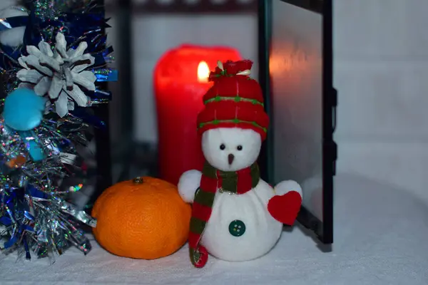 Рождественский Фон Снеговик Горящая Свеча Фонаре — стоковое фото