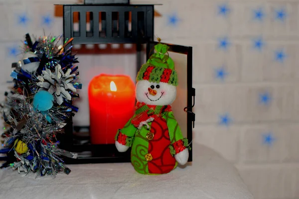 Christmas Background Snowman Burning Candle Flashlight — Stock Photo, Image