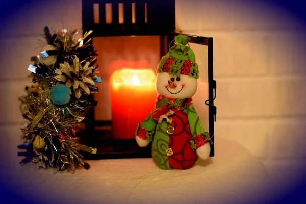 Christmas Background Snowman Burning Candle Flashlight — Stock Photo, Image