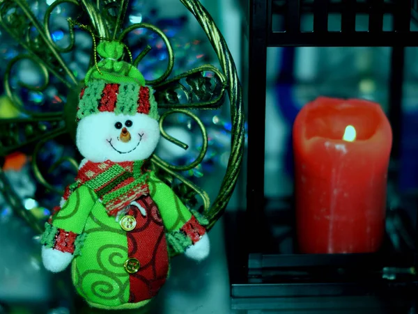 Christmas Background Snowman Burning Candle Flashlight — Stock Photo, Image