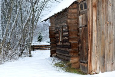 Karla kaplı ağaçların arasında ahşap ev, kış havası, kış