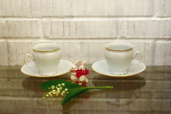 Tea Cups Flowers Table — Stock Photo, Image