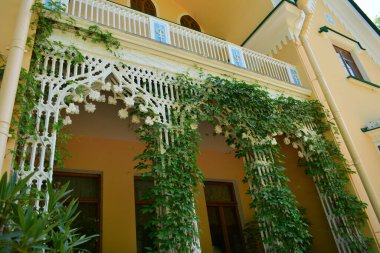 Parktaki insanlar için dinlenme yeri, parktaki manzara tasarımı, yaz günü