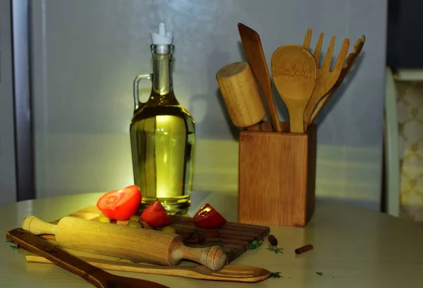 Ainda Vida Azeite Utensílios Cozinha — Fotografia de Stock