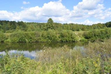 Nehir, yeşil kıyılar, bulutlu gökyüzü