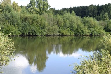 Nehir, yeşil kıyılar, bulutlu gökyüzü