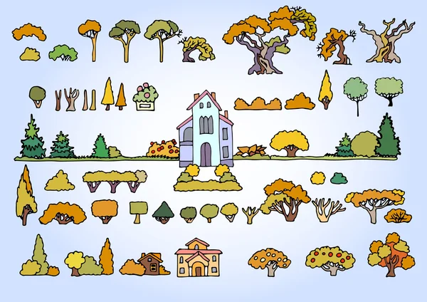 Juego de vectores de elementos de paisaje.Árboles aislados dibujados a mano , — Vector de stock