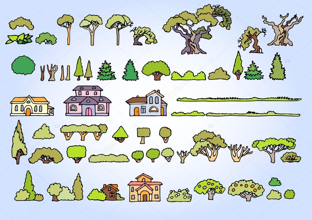 Landscape elements vector set.Hand drawn isolated sketchy trees,