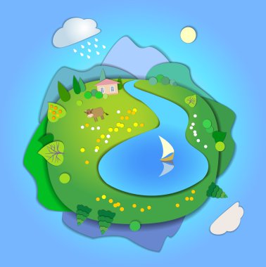 Flat Landscape Template Illustration with smooth vector shadows.Concept of life cycle in nature,scene in four different seasons of the year.Summer time