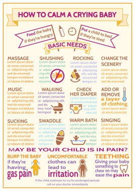 Detailed vector baby child infographic. Presentation template How to calm a crying baby clipart