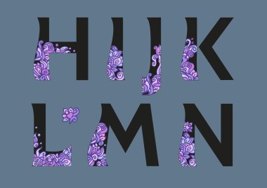 İngiliz alfabesi. Tam çiçek dekor alfabesi. Pembe ve siyah renklerde çiçek desenleri ile Abcd büyük harf alfabe harfleri seti