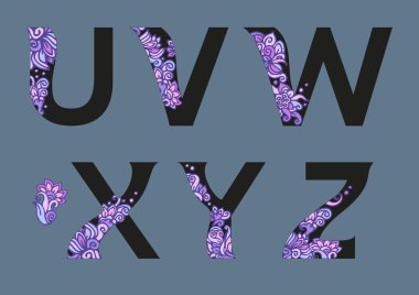 İngiliz alfabesi. Tam çiçek dekor alfabesi. Pembe ve siyah renklerde çiçek desenleri ile Abcd büyük harf alfabe harfleri seti