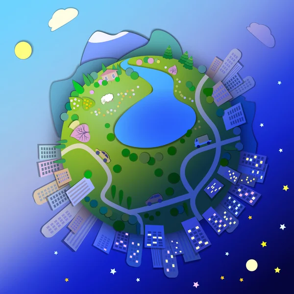 Miniaturowa kula pokazująca różne tryby życia. Koncepcja Globe pokazująca styl życia wiejskiego i miejskiego. Widok na planetę, dzień i noc czas. Koncepcja różnych stref czasowych, czas Międzynarodowy — Wektor stockowy